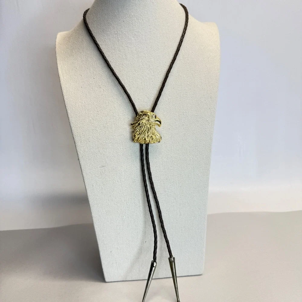 Vintage Eagle Head‎ Bolo Tie Braided Brown Cord Western Americana Gold Tone